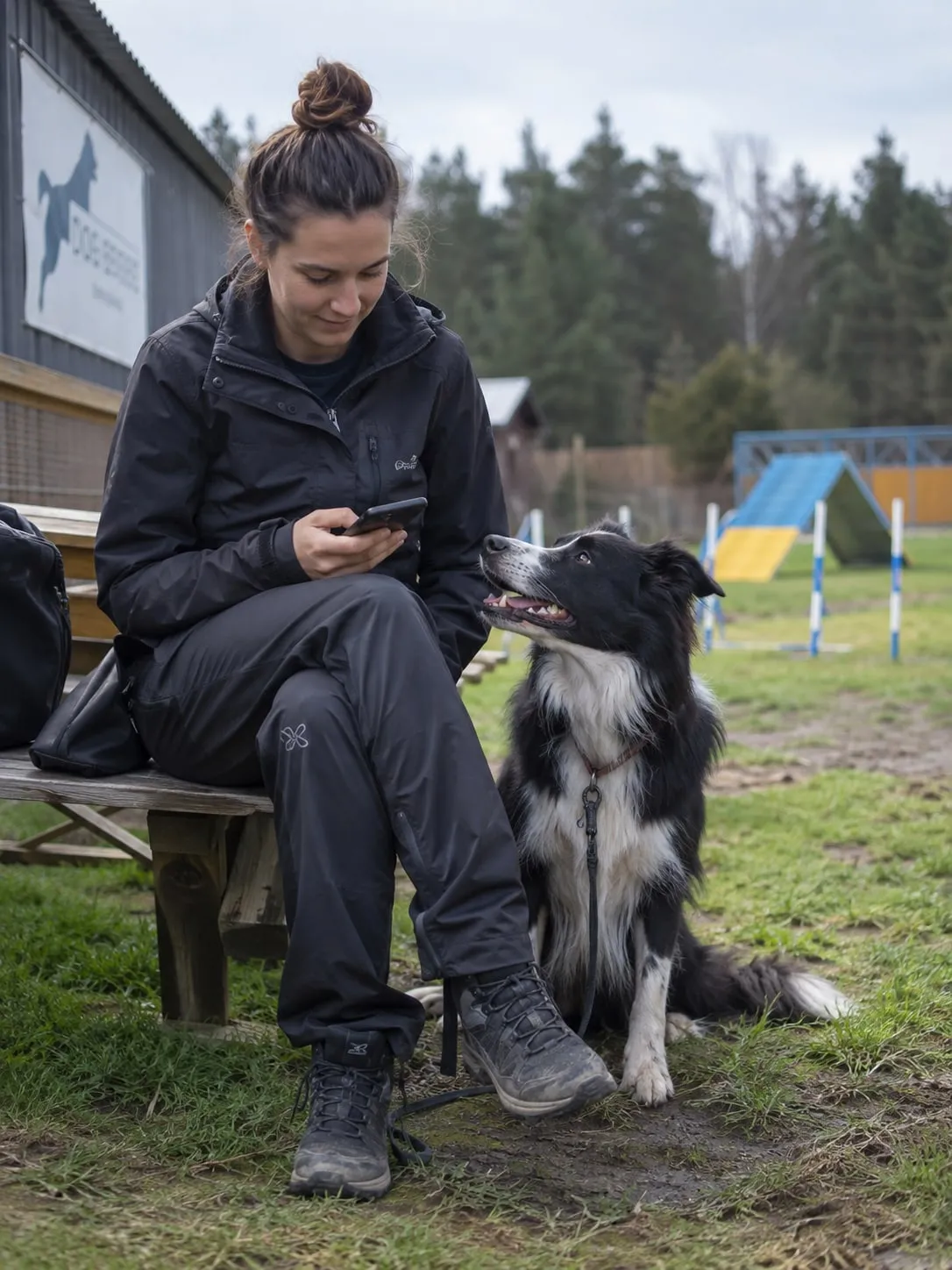 Trenerka sprawdza grafik w telefonie, obok siedzi border collie