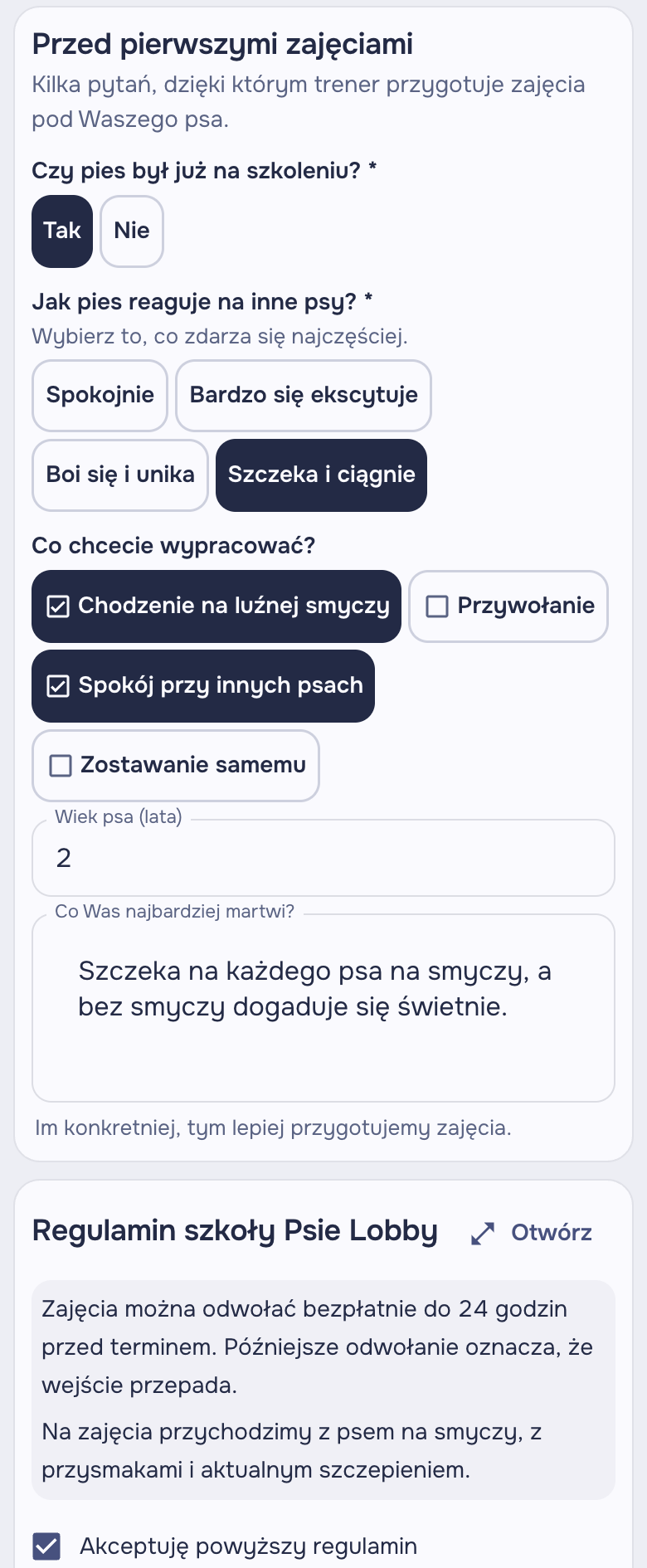Formularz rezerwacji z pytaniami szkoły i regulaminem do zaakceptowania