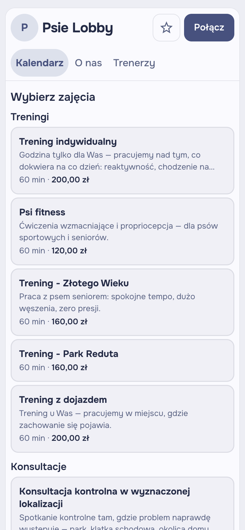 Strona rezerwacji szkoły w telefonie z listą zajęć i cenami