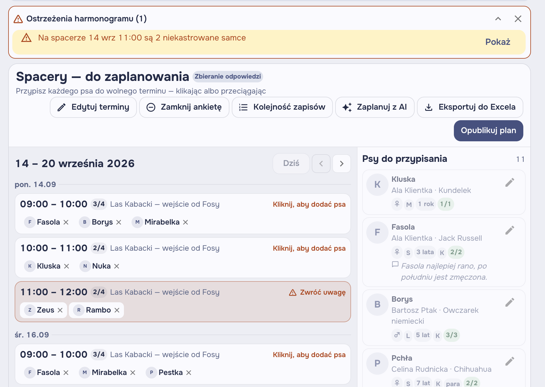 Tablica planowania spacerów z ostrzeżeniem o dwóch niekastrowanych samcach w jednej grupie